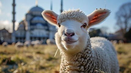 Portrait of cute lamb with mosque at the background