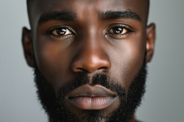 Close up portrait of young hadsome serious bearded African American man on the grey background