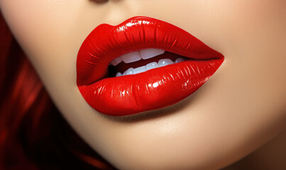 Obraz premium Close-up of perfectly shaped full lips painted with vibrant red lipstick, symbolizing glamour, beauty, makeup artistry, and feminine allure