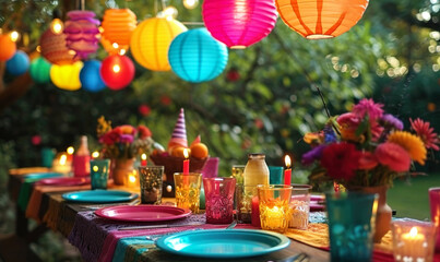 Vibrant outdoor party setting with colorful decorations, paper lanterns, party hats, and a festive table set for a joyful celebration in a lush garden - Powered by Adobe