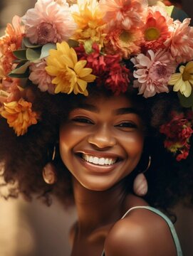 Portrait of beautiful african girl model with flowers in her hairs Fashion ethnic background