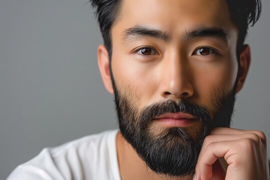 Portrait of young hadsome serious bearded Japanese man on the grey background with space for text