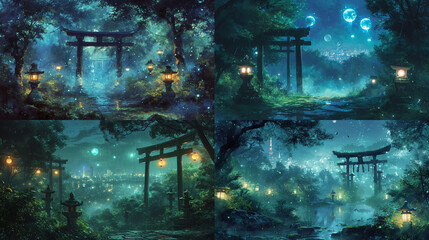 Will-o'-the-Wisps floating in a Tokyo park at midnight - obrazy, fototapety, plakaty