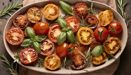 Grilled tomatoes on a tray with basil viewed from above