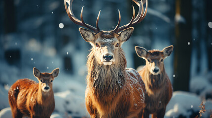 A noble deer with females in the herd against - obrazy, fototapety, plakaty