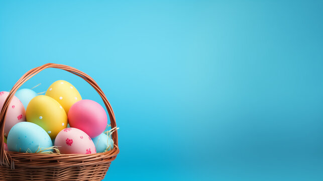 Easter basket with easter eggs and bunny, Colorful easter eggs in basket on blue background. copy space on background , Ai generated image