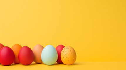 Obraz premium Easter eggs on a yellow background, Easter eggs in a basket, colorful easter eggs on yellow background. copy space on background , Ai generated image