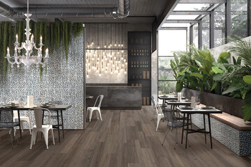 Cozy wooden interior of restaurant, copy space. Comfortable modern dining place, contemporary design background, wall in grey bricks tile, hanging lamps. 3D Rendering