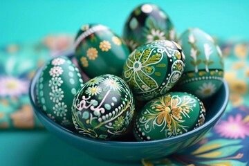Fototapeta premium Painted Easter eggs in a bowl on a turquoise background. Close up. Happy Easter