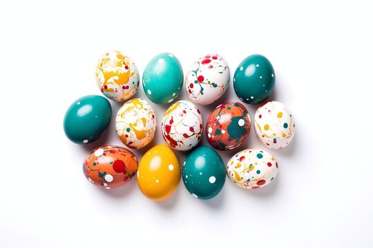 Colorful Easter eggs isolated on white background. Top view. Easter concept.