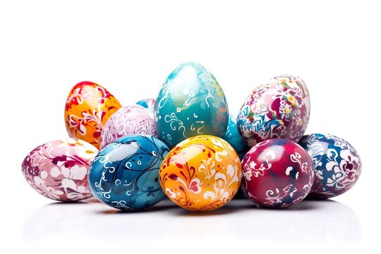 Colorful easter eggs isolated on white background, clipping path included. Happy Easter greeting card.