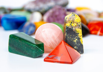 Semi-precious multi-colored stones, minerals close-up. Mineralogy. Collection of minerals.