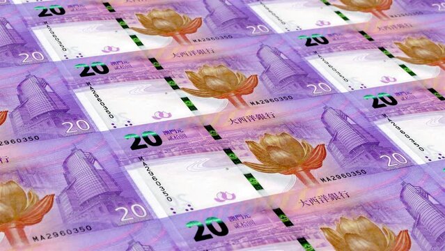 Macau Macao Avos Patacas 20 Banknotes Money Printing House, Printing Twenty Macao Avos Patacas, Printing Press Machine Print out Macao Avos Patacas, Being printed by currency press machine 20