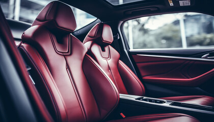 Front leather red seats of modern luxury car close up