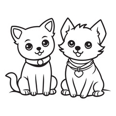 Freehand drawing of a cat and a dog, children s drawing