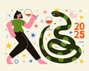 Vector illustration with dancing girl and snake drinking wine. New Year 2025 green tree snake funny greeting card template. Isolated on white background home decoration poster - 703884419