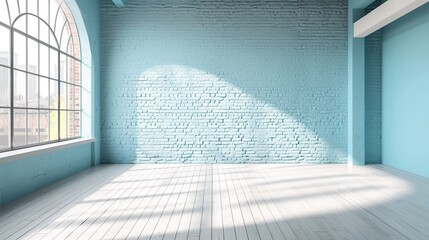 Empty light blue-coloured room with large brick wall, maple floor