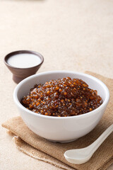 Vertical photo of Sago with Coconut Milk.