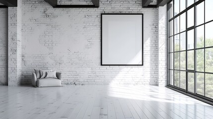 Empty white-colored room with a large brick wall, big frame on the wall, maple floor