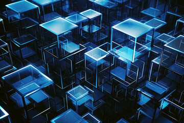 Abstract blue cubes. Futuristic chaotic background. Generative Ai