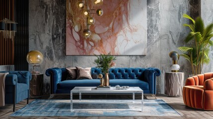 Modern Art Deco Living Room: Marble Coffee Table, Blue Velvet Sofa, and Armchair