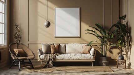 Living Room Poster Mockup with Wooden Frame on Copper Floor