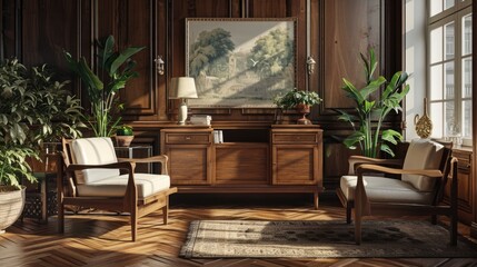 Fototapeta na wymiar Modern Living Room Interior with Stylish Wooden Furniture and Armchairs in Warm Brown Tones