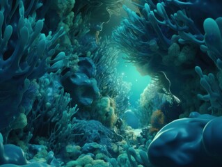 Fototapeta na wymiar 3D Render Abstract Background in a Mysterious Underwater Cave With a Cool Blue and Green Color Palette