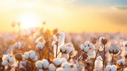 Cotton branches in field at sunset. Beautiful natural bokeh background, lush cotton flowers in soft sunlight. Cotton harvest for textile production, agricultural crop - obrazy, fototapety, plakaty