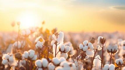 Foto op Canvas Cotton branches in field at sunset. Beautiful natural bokeh background, lush cotton flowers in soft sunlight. Cotton harvest for textile production, agricultural crop © FoxTok