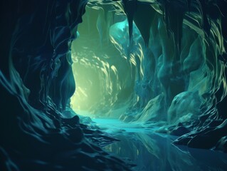 Fototapeta na wymiar 3D Render Abstract Background in a Mysterious Underwater Cave With a Cool Blue and Green Color Palette