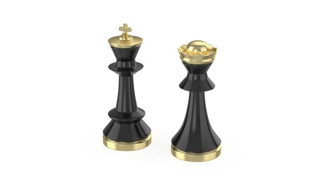 Black queen and king chess pieces on white background