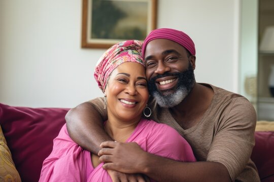 Black History Month, Happy african american couple hugging at home on couch. Mature man with his woman wearing traditional turban. Black mid adult couple.
