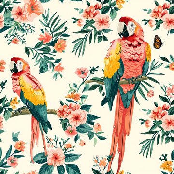 seamless pattern with tropical flower and parrot