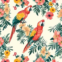seamless pattern with tropical flower and parrots