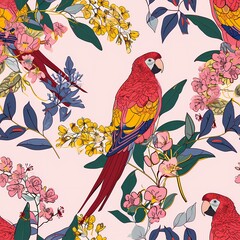 seamless pattern with tropical and parrots on pink background