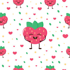 Seamless pattern with cartoon strawberry character on white background