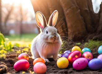 Fototapeta na wymiar Easter bunny surrounded by colorful Easter eggs under a giant tree : Easter egg hunt
