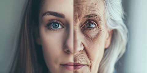 Halbes Gesicht einer Frau jung und alt geteilt als Vorher und Nachher Nahaufnahme, ai generativ