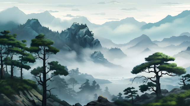 Fantasy landscape with mountains and trees in the mist. 3d illustration