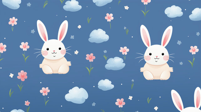 Easter bunny and easter eggs, Easter rabbits and eggs, Easter seamless pattern with rabbits, Easter pattern made with easter bunny on blue background, Ai generated image 