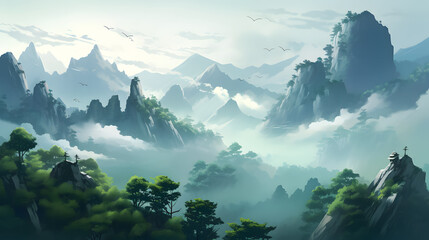Fantasy landscape with mountains and trees in the mist. 3d illustration - obrazy, fototapety, plakaty