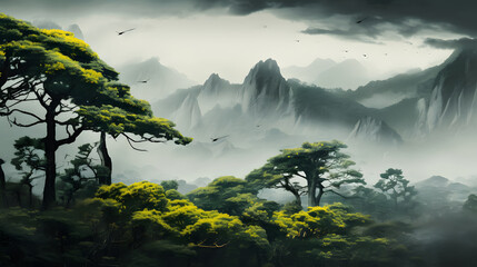 Fantasy landscape with mountains and trees in the mist. 3d illustration