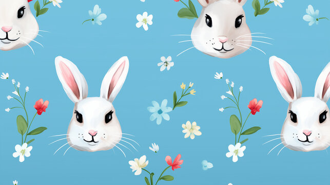 Easter rabbits and eggs, Easter seamless pattern with rabbits, Easter pattern made with easter bunny on blue background, Ai generated image 