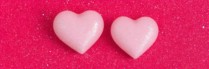 Obraz premium Pink hearts on a glittering background. Isolated pink hearts on red backdrop banner. Love symbol.