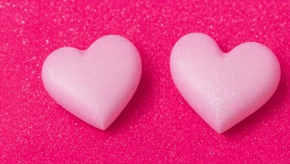 Obraz premium Two pink hearts on a glittering background. Isolated pink hearts on red backdrop. Love symbol. Valentines day background.