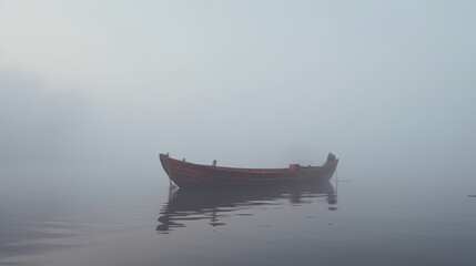 Wooden boat on a calm lake in the morning mist