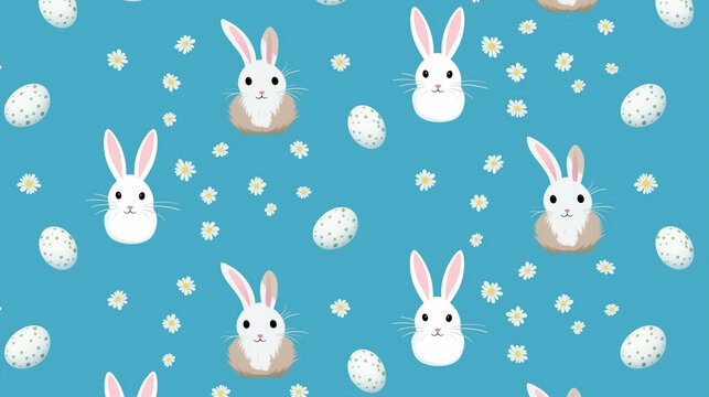 Easter seamless pattern with rabbits, Easter pattern made with easter bunny on blue background, Ai generated image 
