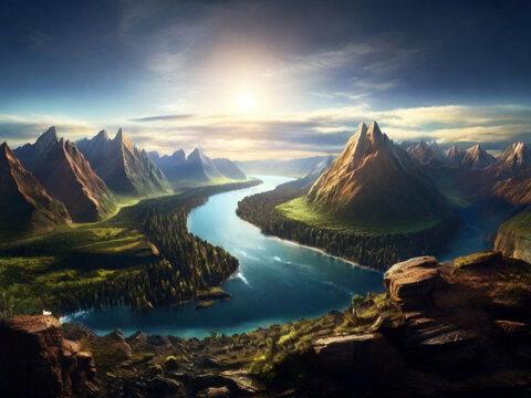 Fantasy alien planet. Mountain and lake. 3D illustration. Created using generative AI tools