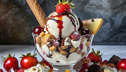 Ice cream with fruits and side dishes